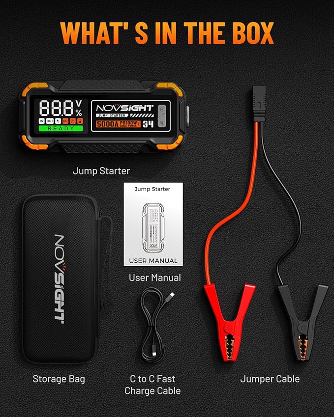 NOVSIGHT Car Battery Jump Starter - 5000A Portable Battery Jumper (12.0L Gas/10.0L Diesel) 12V Car Starter Jump Box with USB Type-C Quick Charge, Bulit-in Charge 3 Modes, Dual Color Lights(Orange)