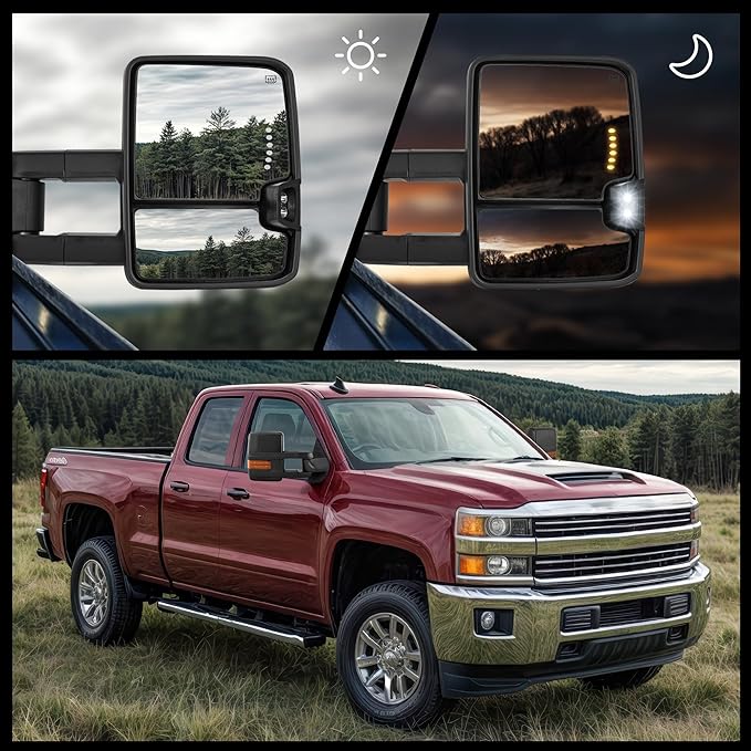 DWVO Towing Mirrors Compatible with 2007-2013 GMC Yukon 2500 Sierra 1500, 2007-2014 Chevy Silverado 1500, Power Heated Extendable with Amber Signal Light Side Mirrors Pair