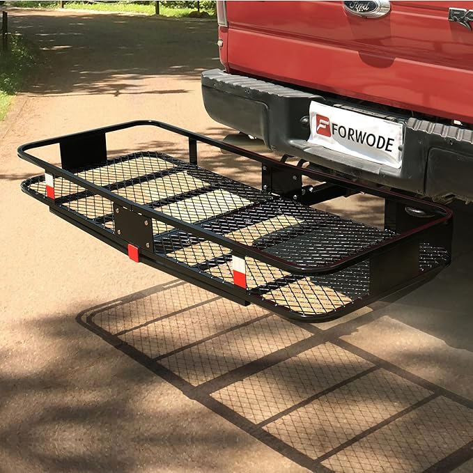 FORWODE 60x20x6 Hitch Carrier for 2 Inch Receiver, 500LB Capacity Hitch Mount Rack with Folding Cargo Basket, Rust-Resistant Coat, Includes Cargo Net