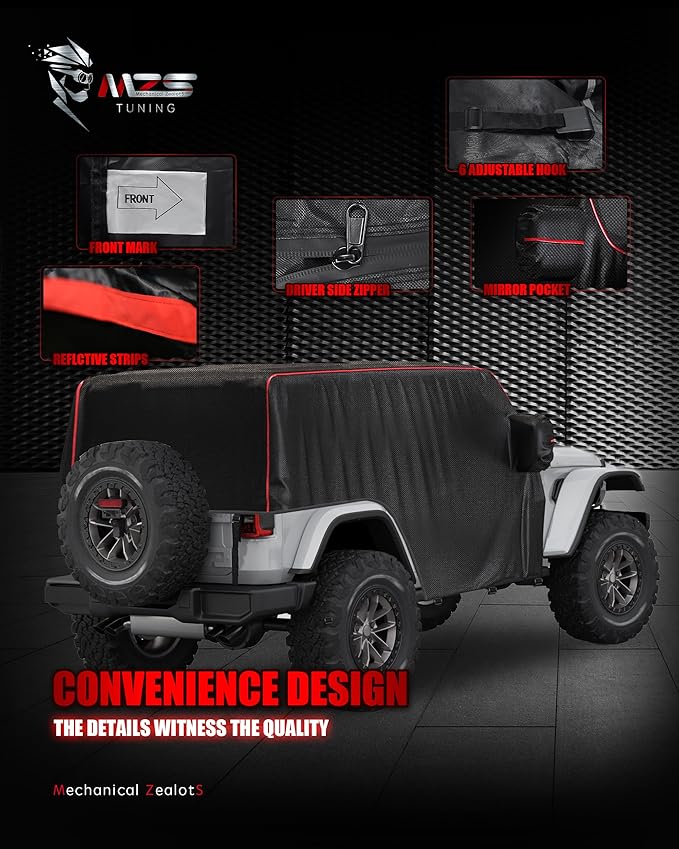 MZS Cab Cover Compatible with Wrangler Unlimited JK JL JKU JLU 4 Door 2007-2026, 600D Waterproof Wrangler Cover with Driver Door Zipper 8 Gust Hook Car Half Cover Windproof Sun Snow Rain Protection