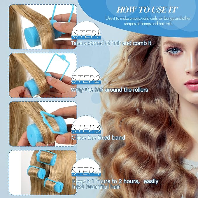 Geyoga 18 Pieces Sponge Hair Rollers Large Soft Foam Hair Styling Curlers Large Size Hairdressing Curlers for Women(Blue,1.4 x 2.6 Inches)