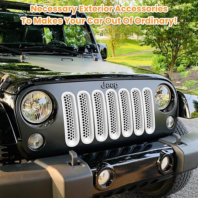 7PCS Front Grill Mesh Inserts for Jeep Wrangler JK JKU Unlimited 2007 2008 2009 2010 2011 2012 2013 2014 2015 2016 2017 2018 Grille Guard Cover Trim Clip-in Exterior Accessories (Matte White)