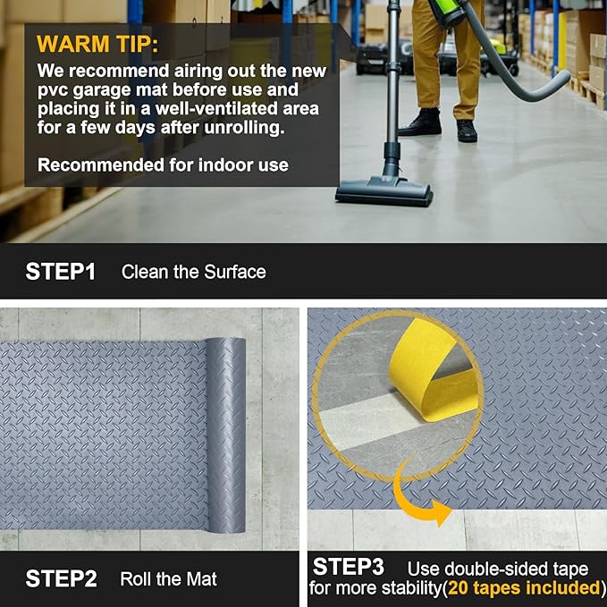 7.5x25 FT Garage Floor Mat, Updated 2.8mm Thicked Flooring Roll with 20Pcs Tapes, 188 sqft Diamond Plate PVC Rubber Trailer Mat, Non-Slip Floor Protector Mat for Garage Warehouse Gyms (Matte Grey)