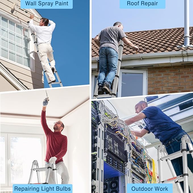 14.5FT A Frame Telescoping Ladder, Extension Multi-Purpose w/Balance Bar & Wheels, Ladder A Frame, Heavy Duty 330 lbs Max Capacity, Ideal for Home and Outdoor Work, Silver