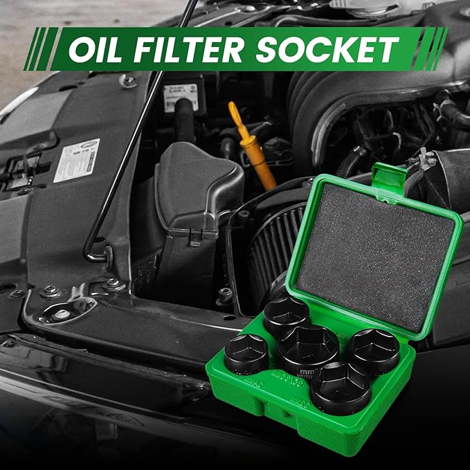 Steel Vision 5-Piece 3/8" Drive Low Profile Oil Filter Socket Set, Metric 24mm, 27mm, 29mm, 32mm, 36mm, Chrome Vanadium Steel, 6-Point Design, Laser-Etched Markings, Includes Storage Case