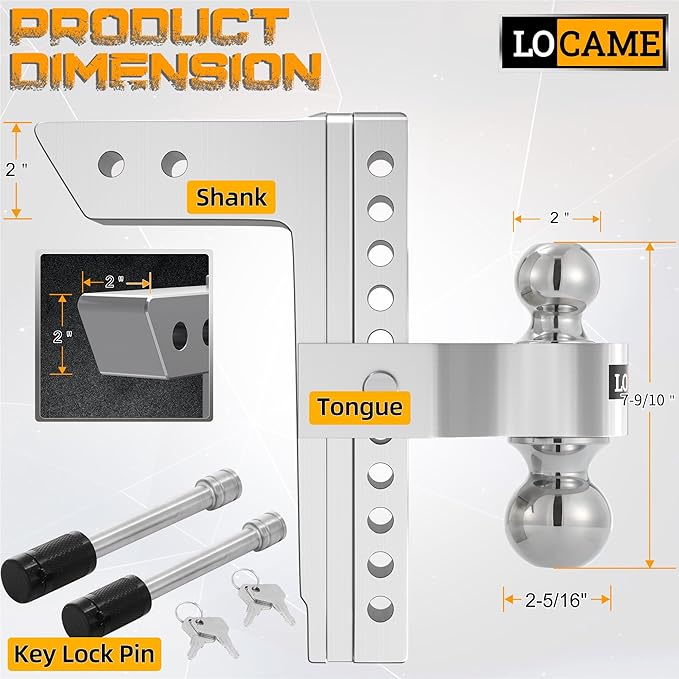 LOCAME Adjustable Trailer Hitch, Fits 2-Inch Receiver Only, 10-Inch Drop/Rise Aluminum Drop Hitch, 12,500 LBS GTW-Tow Hitch for Heavy Duty Truck with Double Stainless Steel Locks, Silver, LC0005