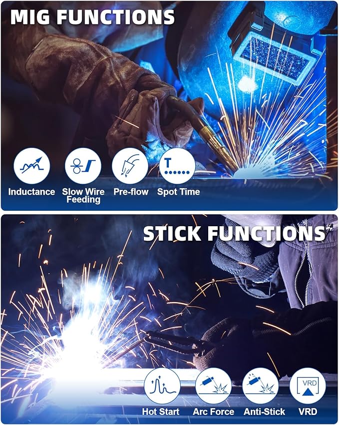 AZZUNO 200A MIG Welder 110V/220V, 8 in 1 Welder Machine Aluminum MIG/Gas MAG/Gasless Flux Core MIG/Gas MIG/Spot MIG/Spool Gun Compatible/Lift TIG/Stick Welding, Multi process Welding Machine