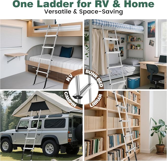 Pre-Assembled RV Bunk Ladder,3 Height Options (59.5"/60.5"/61.5"), Heavy Duty Bunk Bed Ladder with 4 Wider Anti-Slip Steps & Flexible Hooks,for 57.5"-59.4" Bed,Fits RV,Camper,Dorms & Kids Rooms