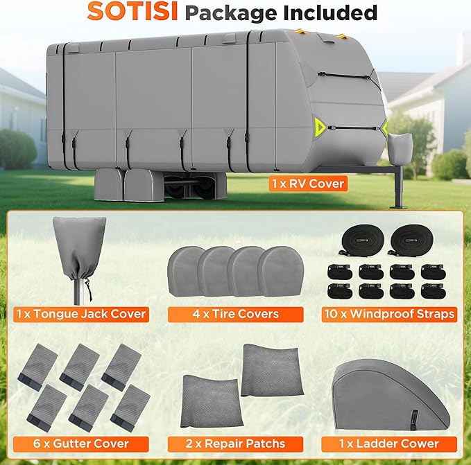 2025 RV Cover, -24-27 FT Heavy Duty Travel Trailer Cover with 8 Layers Corner,Waterproof Camper Cover with 4 Tire Cover & Tongue Jack Cover