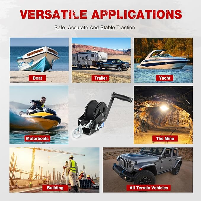 Nilight Boat Trailer Winch 2000 Lbs Hand Crank Winch Heavy Duty Boat Winches with 23Ft Strap Rope Hook 2-Way Ratchet 4:1 Gear Portable Marine Manual Winch for Trailers Boats RV ATV Jet Ski Towing