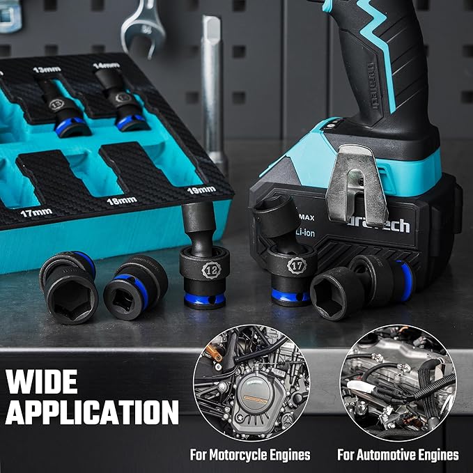 DURATECH 3/8" Drive Impact Universal Joint Socket Set, Swivel Socket Set, 11-Piece, Metric, 8-19mm, Cr-Mo Steel, Organized in EVA Foam Organizer