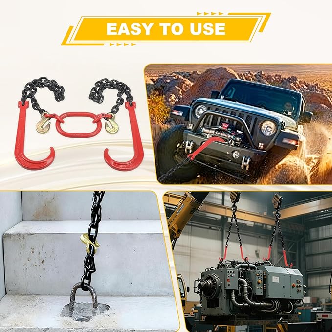 3' x 3/8" G80 V-Chain Bridle w/ 15” J Hooks and Grab Hooks, 7100lbs Safe Working Load Towing Hooks for Flatbed Truck Wrecker Recovery