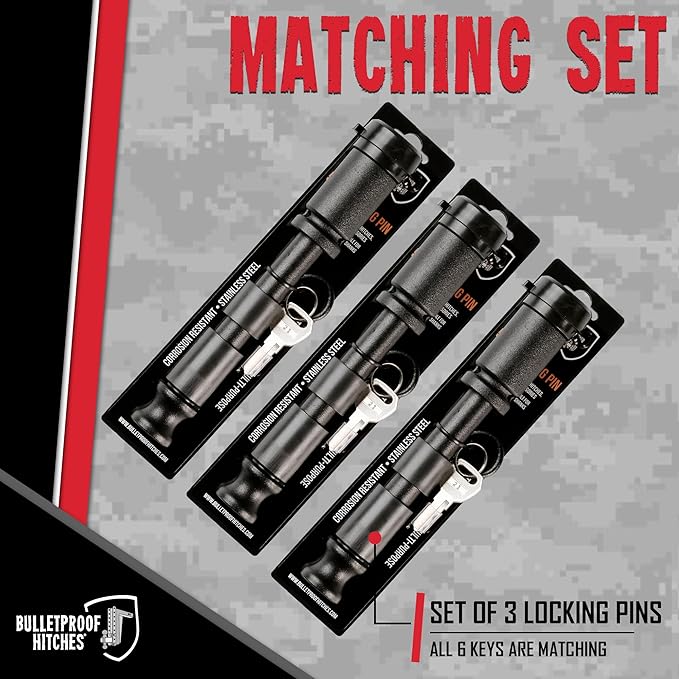 BulletProof Hitches - 5/8" Trailer Hitch Locking Pins - Universal Fit, Stainless Steel, Weather Resistant Rubber Cap - Black, 3 Pack