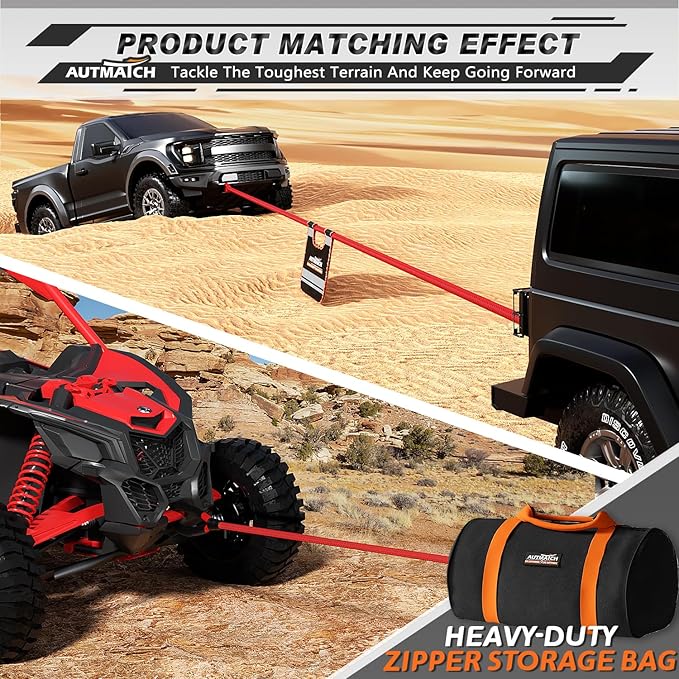 AUTMATCH Kinetic Recovery Tow Rope 1" x 30FT - Heavy Duty Energy Recovery Tow Rope 48000Lbs, 35% Elasticity Offroad Snatch Strap for 4x4 Off-Road Vehicle, Truck, Trailer, ATV, UTV, Red