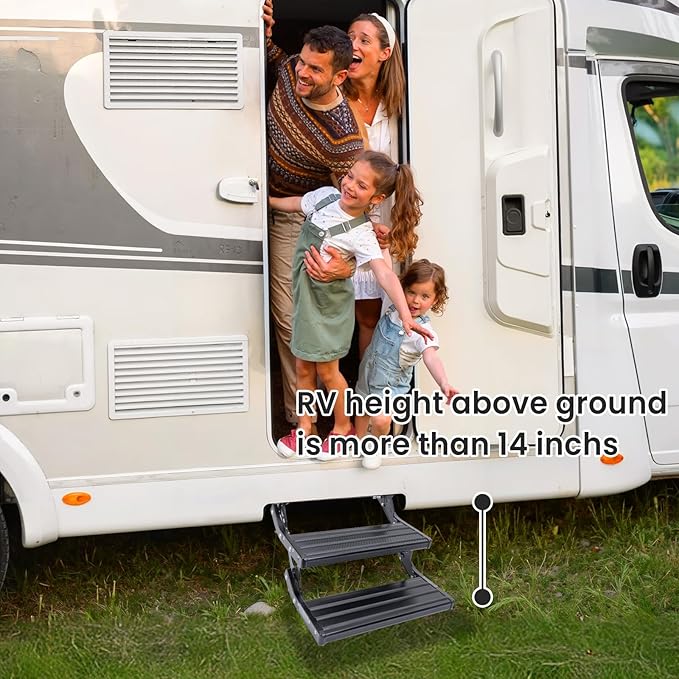 RV Steps, 2-Step, Manual Foldable RV Steps, 400 LBS Load Capacity, Retractable Aluminum Alloy Camper Steps, Thickened Steel Plate Trailer Steps, Non-Slip Design, Ideal for RV, Trailer, Camper, Black