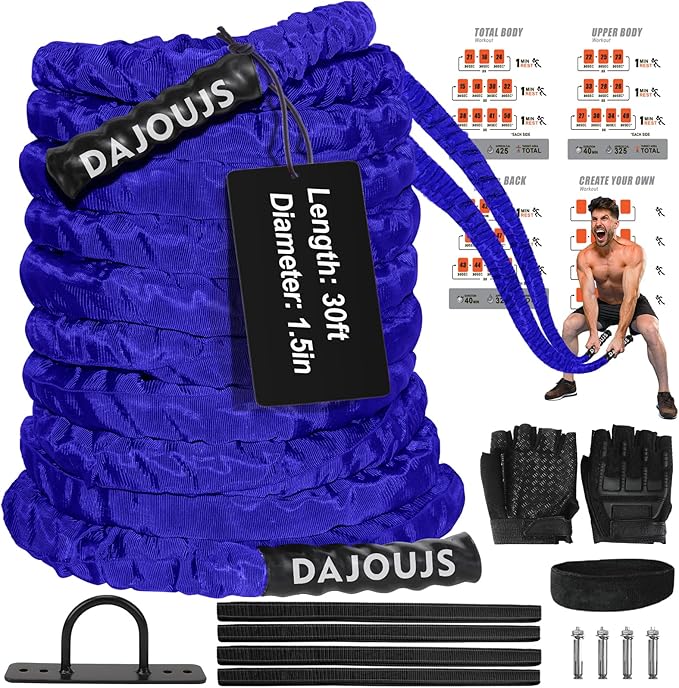 Battle Ropes for Home Gym 1.5Inch Diameter 30FT Lengths Workout Heavy Battle Ropes for Exercise Training Weighted Ropes, Working Out Exercise Equipment with Protective Cove - Blue