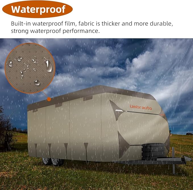 Umbrauto Travel Trailer RV Cover – Upgraded 7-Layer Top Camper Cover, Waterproof & Windproof Trailer Cover for 22'-24' RV, Includes 4 Tire Covers, Tongue Jack Cover and Gutter Cover