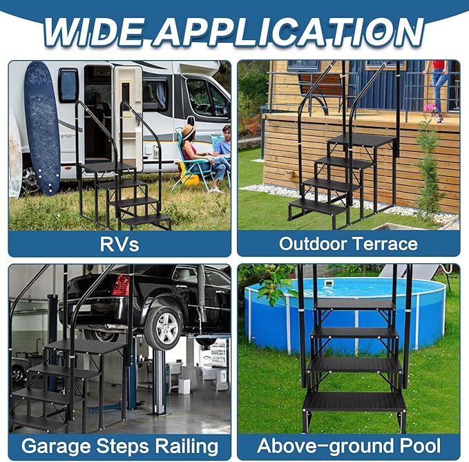 RV Steps With Handrail - 4-Step Stairs for Camper, Trailer, Mobile Home, Hot Tub, Outdoor Spa - Non-Slip Outdoor Stairs