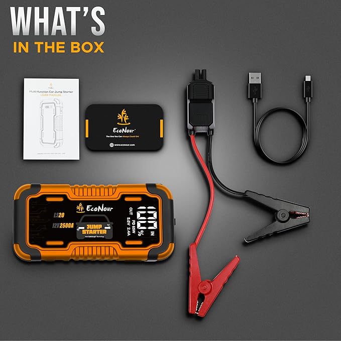 EcoNour 2500A Portable Car Jump Starter – 12V Battery Booster Pack Up to 8.5L Gas & 6L Diesel Engines – Heavy-Duty Jump Box with Smart Jumper Cables, USB Charger, LED Flashlight – for Cars,SUVs,Trucks