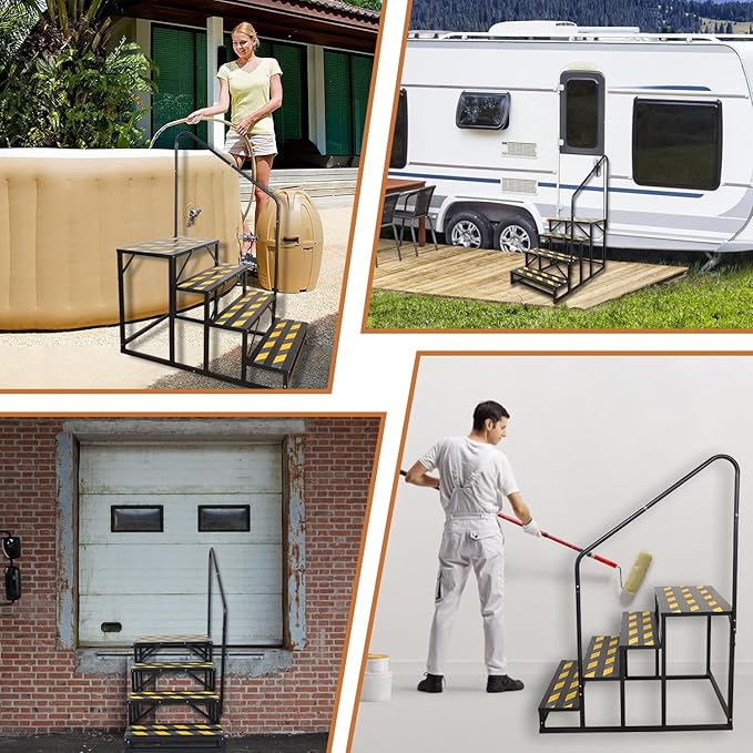 4 Step RV Stairs, Hot Tub Steps, Outdoor Spa Step Ladder with Handrail,Portable Economy 5th Wheel Stair for Travel Trailer, Motor Home, Camper and Porch with Non-Skid Tapes