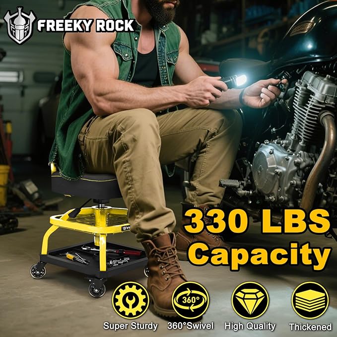 Rolling Shop Stool with Wheels, Garage Mechanic Shop Chair with Handle Backrest, Adjustable Height Work Stool, Roller Seat with Tool Tray Storage, Heavy Duty, 330 LBS Capacity, Yellow