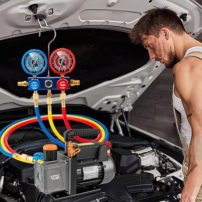4.5 CFM AC Vacuum Pump and Gauge Set,for Mini Split/HVAC/Auto Systems,Manifold Gauge Kit Fits R134a R22 R410a R404a,with Leak Detector,Upgraded Trifold Storage Case,3 Hoses,R134a Can Tap