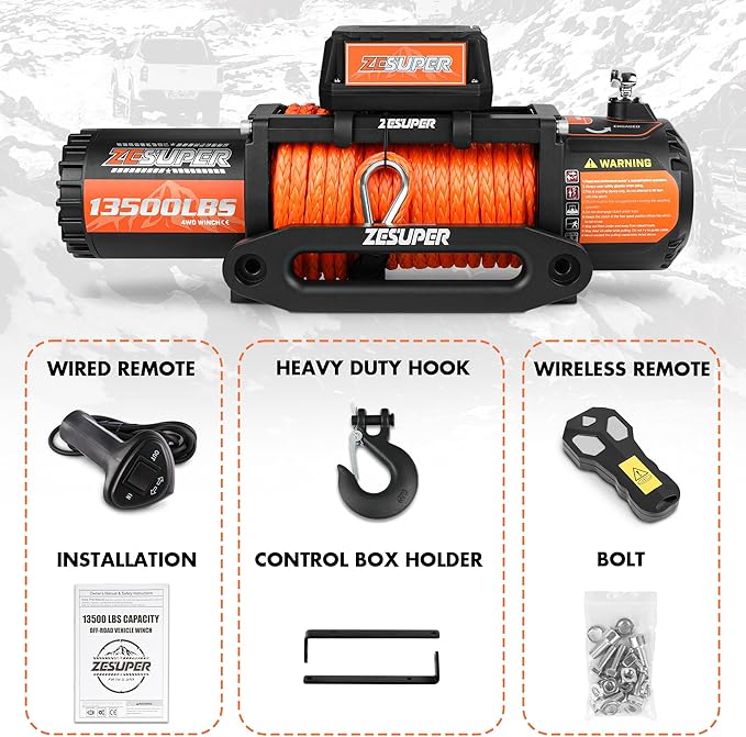 ZESUPER 13500 lb Electric Winch, Synthetic Rope 12V Winch Waterproof IP68 Winch Kit,Off Road Winch for Jeep,Truck,SUV, with Wireless Remote, Corded Control,Side-Mounted Bracket for Control Box