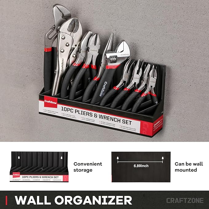 10PC Pliers and Wrench Set with Storage Rack – Includes Locking | Long Nose | Diagonal Cutter | Groove Joint | Linesman & Mini Plier, Carbon Steel Tool Kit for DIY and Home a Gift for Man