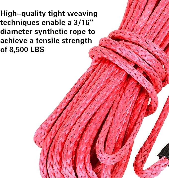 ATV UTV Synthetic Winch Rope Cable 3/16" x 50 ft, 8,300 lbs Pulling Strength, with Protective Sleeve, Safety Pull Strap, for 4X4 Offroad Vehicles (red)