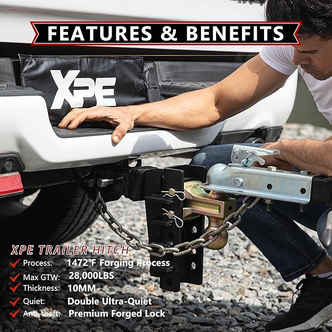 Adjustable Trailer Hitch Fits 2.5-Inch Receiver,8-Inch Drop/Rise,2"&2-5/16" Ball Hitches with 28,000 LBS GTW for Heavy Duty Truck,Solid Ball Mount,BLK,652508-3