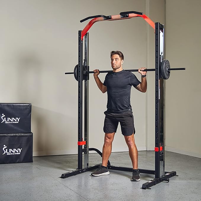 Sunny Health & Fitness Premium Smith Machine & Squat Cage Rack, Pull-Up Bar, Spotter Blocks for Weightlifting & Bench Press for Home Gym Strength Training