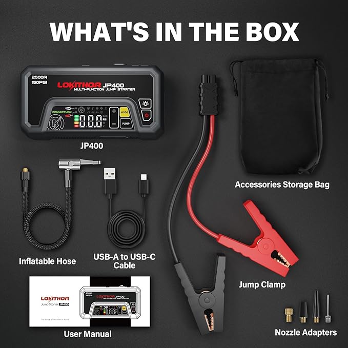 LOKITHOR JP400 Jump Starter with Air Compressor, 2500A 12V Battery Jumper Starter Portable (8.5L Gas/6.5L Diesel) with 150PSI Tire Inflator Portable Air Compressor, LED Light, ConnectMax Tech