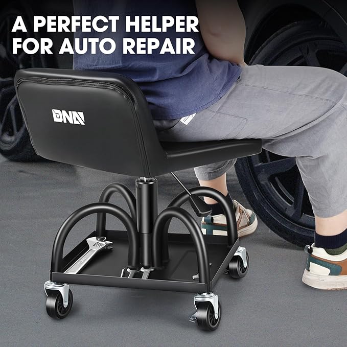 DNA Motoring Rolling Padded Seat Adjustable Height Seat 330lbs Capacity Rolling Mechanic Creeper Stool, W/Tool Storage Drawer & Tray, Black, TOOLS-00600