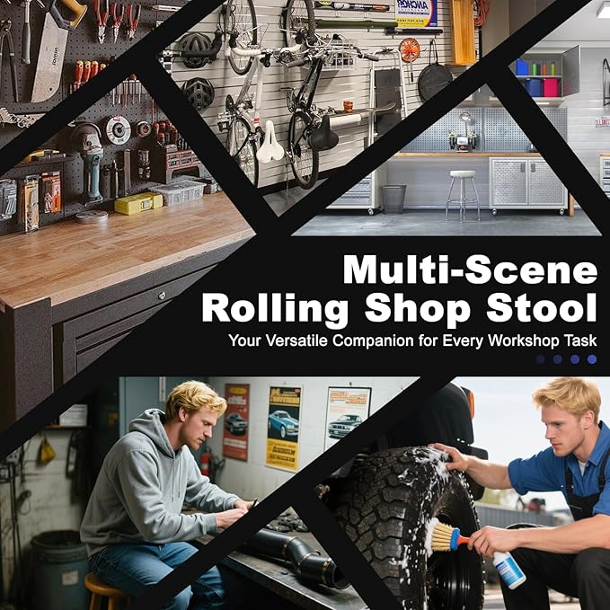 Rolling Shop Stool with Wheels, Garage Mechanic Shop Chair with Handle Backrest, Adjustable Height Work Stool, Roller Seat with Tool Tray Storage, Heavy Duty, 330 LBS Capacity, Black