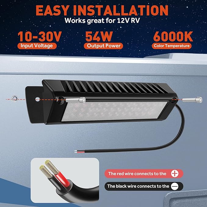 LED RV Exterior Porch Utility Light Waterproof 10-30V DC Low Current 9" Lighting Fixture 54W 2000LM Aluminum Base led Scene Lighting for RV, Trailer, Camper(6000K Nature White)