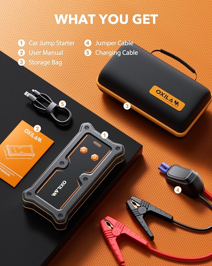 OXILAM 8000A Jump Starter - Car Jumper Starter Portable for All Gas & Diesel Engines, 12V Jump Box for Car Battery with Extended Jumper Cables, USB, DC, Type C Port & LED Light