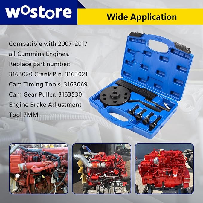 Wostore Cam Timing Tool Kit 3163021 with Jake Brake Adjustment Tool 3163021 7MM Feeler Gauge Compatible with Cummins ISX ASX X15 Engine (2007-2017), 3163020 Crank Pin and 3163069 Puller(16PCS)