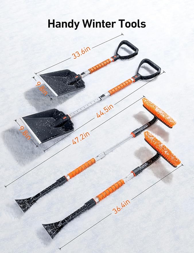 AstroAI 2" 1 Ice Scraper & Snow Shovel Kit, 47.2" Ice Scrapers for Car Windshield and 360° Pivoting Snow Brush, Extendable Snow Shovel with Foam Grip for Car, Trucks, SUVs, Vehicles(Orange)