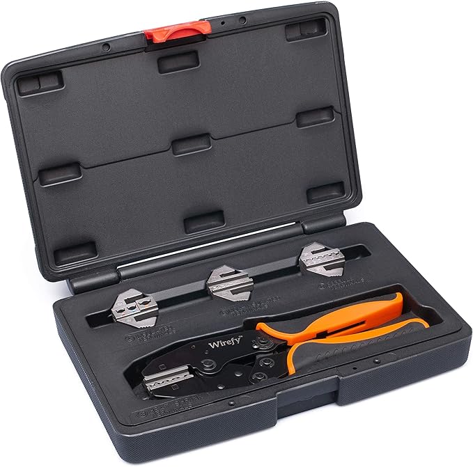 Wirefy Wire Crimping Tool Kit | Crimpers & 4 Slide in Dies | Ratcheting Wire Crimper Tool | Terminal Crimp Pliers | for Heat Shrink, Nylon, Non-Insulated, Insulated Connectors, Ferrule Terminals