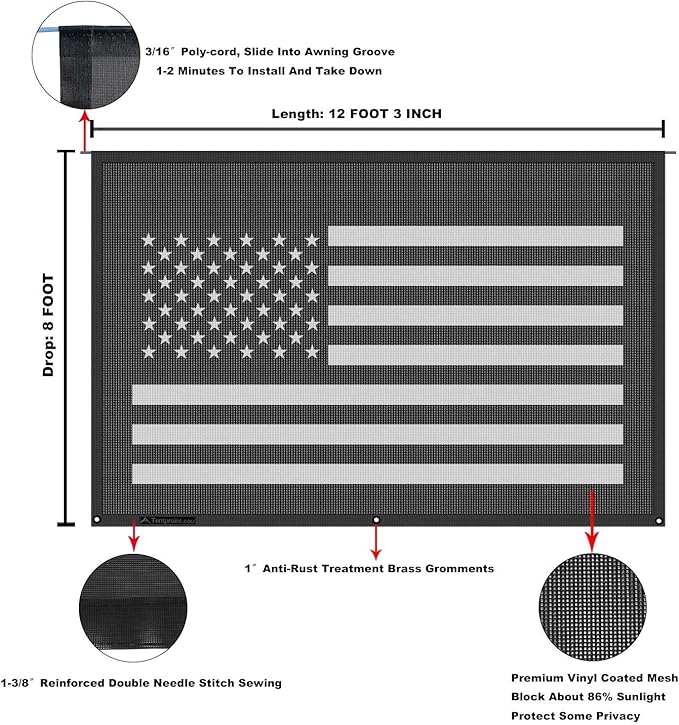 Tentproinc RV Awning Sun Shade Screen 8' X 12' 3'' (American Flag) Black Mesh Sunshade Camper Trailer Awning Shade Screen UV Blocker Completed Kits