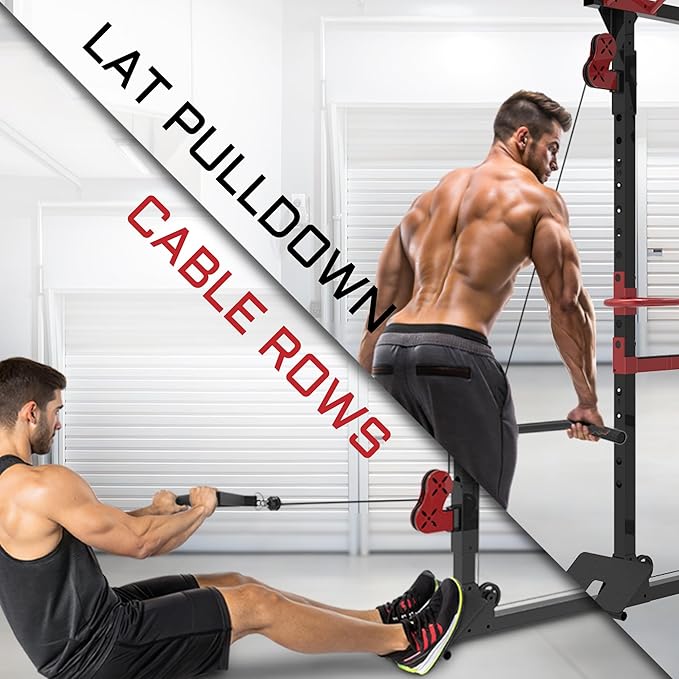 Fitness Reality Power Cage Squat Rack with Optional LAT Pulldown, Cable Crossover, 800 lb Capacity, Multi-Grip Pull-Up Bar, Adjustable Safety Bars, Strength Training for Home Gym