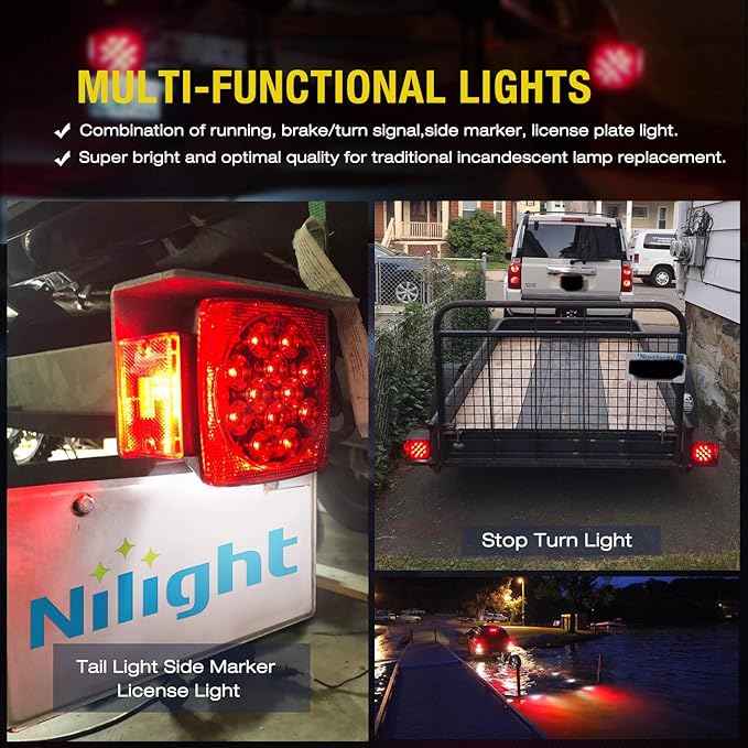 Nilight 2PCS Square LED Trailer Light Low Profile Submersible IP68 Stop Turn Tail Side Marker License Lamp for 12V Utility Boat Camper RV Trucks Marine Snowmobile