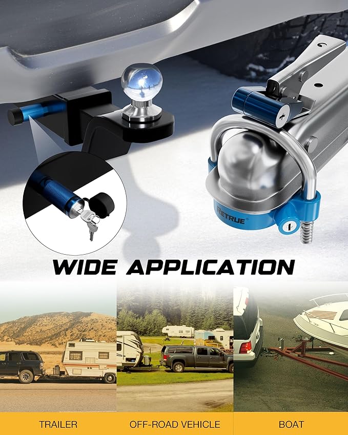 RETRUE Keyed Alike Trailer Lock Set Tow & Store Lock Kit Include Universal Coupler Lock & Dual Hitch Receiver Pin Lock & Trailer Tongue Lock, Blue