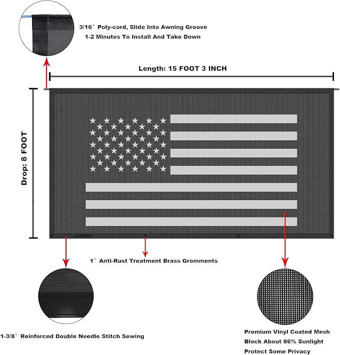 Tentproinc RV Awning Sun Shade Screen 8' X 15' 3'' (American Flag) Black Mesh Sunshade Camper Trailer Awning Shade Screen UV Blocker Completed Kits
