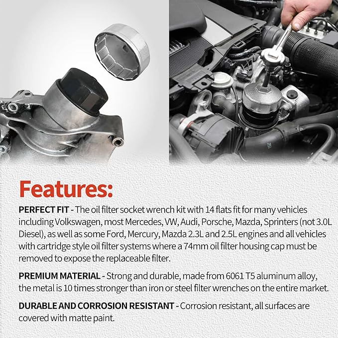 74mm 14 flutes Heavy Duty Oil Filter Wrench, Oil Filter Removal Tool Compatible with Volkswagen, Mercedes Benz, VW, Audi, Porsche, Mazda, Sprinter, Select Mobil1, Bosch and Mahle