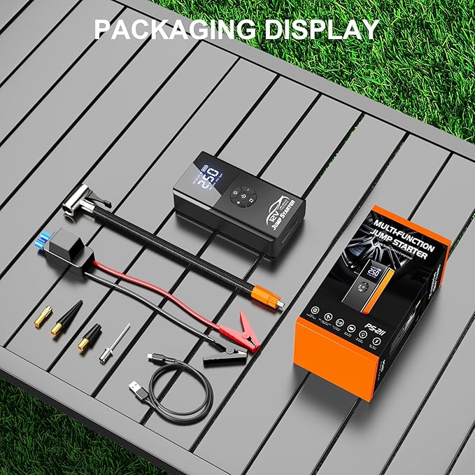 Jump Starter with Air Compressor, 8000A 180PSI, Portable Car Battery Jump Starter (All Gas/12L Diesel) 12V Automobile Jump Box Pack Chargers with Jumper Cables, 4-Mode LED Lights (Black)