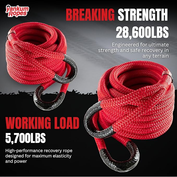 Yankum Kinetic Recovery Rope - Heavy Duty 7/8" x 20' Tow Rope, Off-Road & Vehicle Recovery, Kinetic Energy Ropes for 4x4, Jeep, and Trucks, Made in USA β Python Series