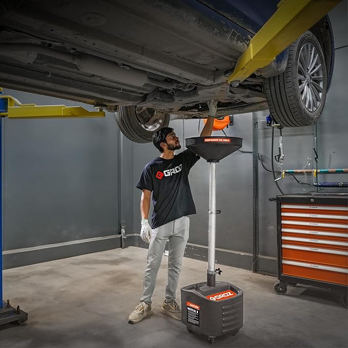 Groz 8 Gallon Waste Oil Drain Pan - Wheeled, Adjustable Height, Spill-Proof Design, Tool Storage (44605)