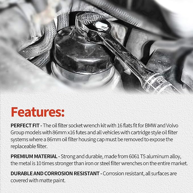 86.4mm 16 Flutes Oil Filter Wrench Compatible with BMW with 86mm Cartridge Style Filter Housing Caps, Oil Filter Housing Cap Removal Tool To Change Oil, Oil Filter Socket Wrench Kit