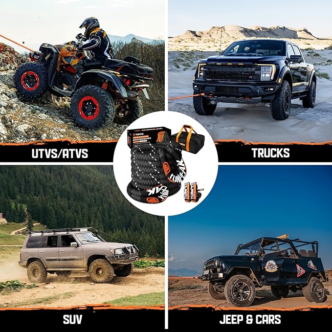 1.26" x 30ft Heavy-Duty Kinetic Recovery Rope – 56,000lbs Break Strength – Includes 2 Ultra-Strong UHMWPE Soft Shackles – Ideal for Trucks, SUVs, Jeeps, UTVs, ATVs & Tractors (Black)